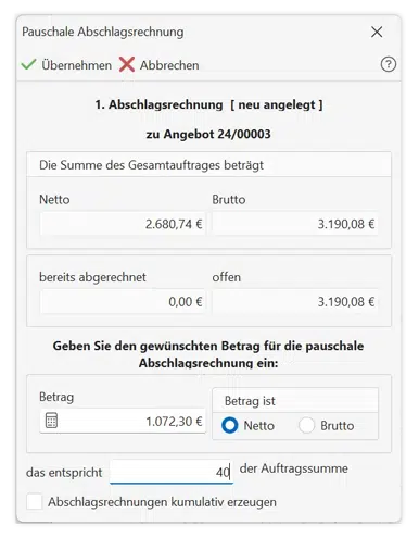Scrennshot des Fensters pauschale Abschlagsrechnung