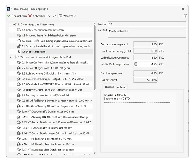 Screenshot Teilrechnungen